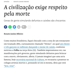 Trecho inicial do artigo "A civilização exige respeito pela morte" de Renato Janine Ribeiro publicado no jornal Folha de São Paulo